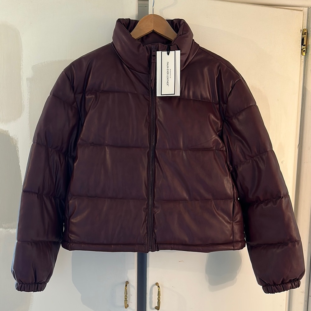 Women’s Faux Leather Puffer Jacket - Burgundy